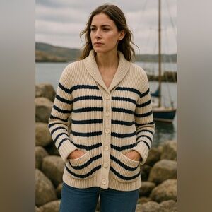 GAP Shawl Collar Striped Cream and Navy 100% Cotton cardigan Fisherman core L